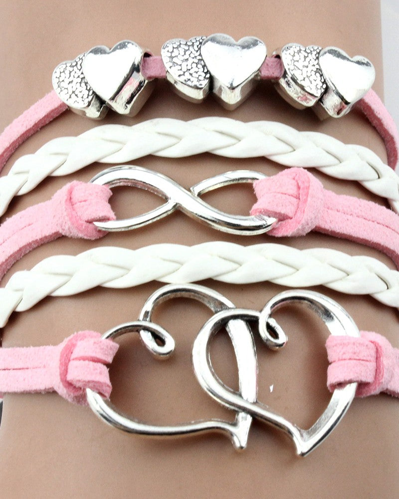 1pc Pink Double Heart Braided Leather Bracelet