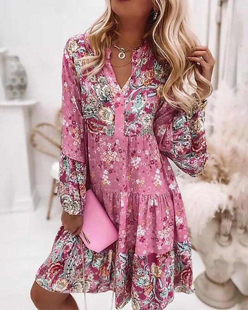 Ditsy Floral Paisley Print Bell Sleeve Casual Dress