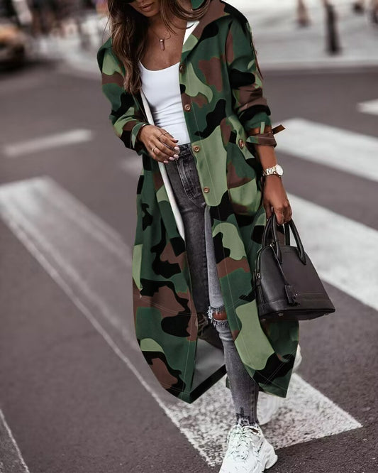 Plaid Print Button Front Longline Cargo Trench Coat