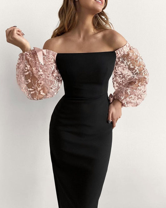 Off Shoulder Lace Lantern Sleeve Dress