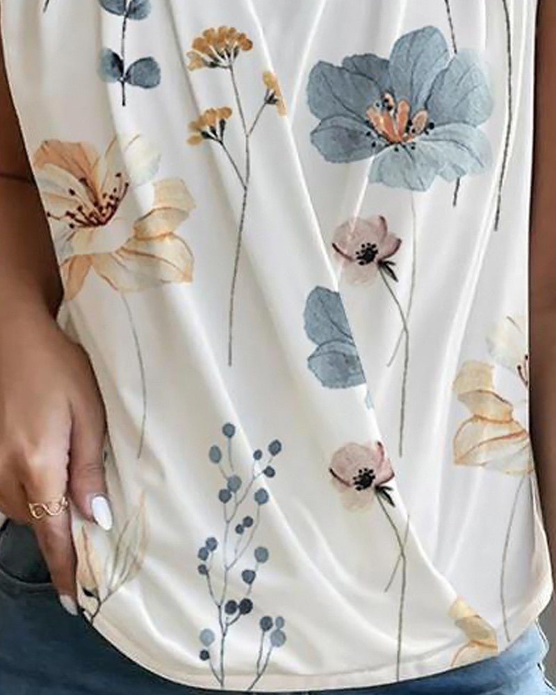 Floral Print Ruched V Neck Sleeveless Wrap Top