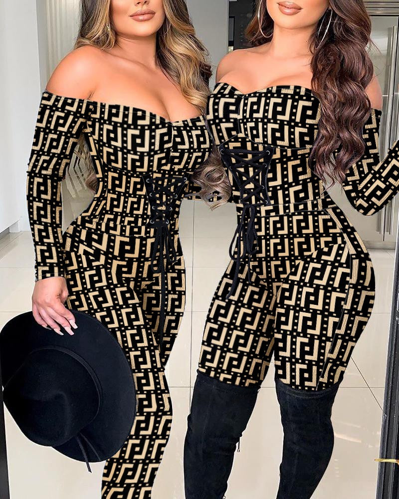 Geometric Print Lace up Off Shoulder Jumpsuit