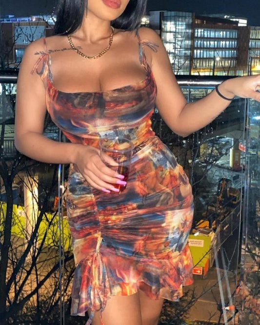 Colorblock Ruffles Ruched Bodycon Dress