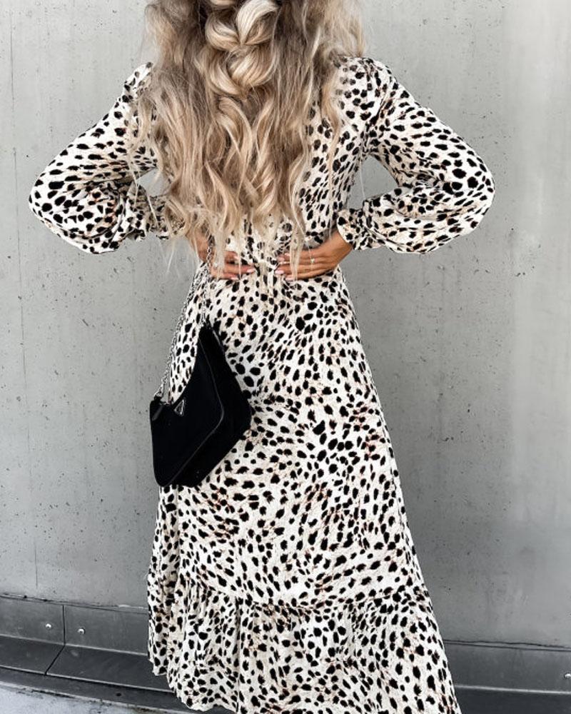Leopard Print Split Thigh Long Sleeve Dress