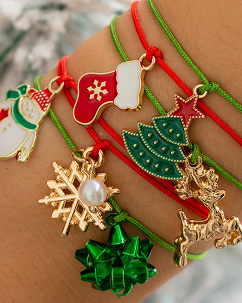 6pcs Christmas Snowflake Tree Elk Snowman Pendant Bracelet Set