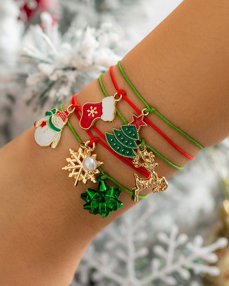 6pcs Christmas Snowflake Tree Elk Snowman Pendant Bracelet Set