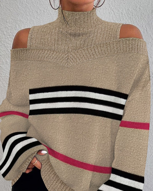 Striped Lantern Sleeve Cold Shoulder Knit Sweater