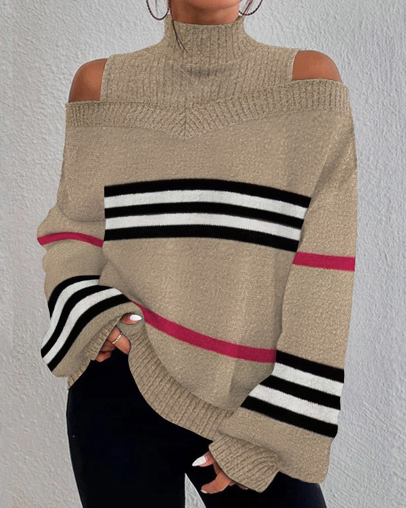 Striped Lantern Sleeve Cold Shoulder Knit Sweater