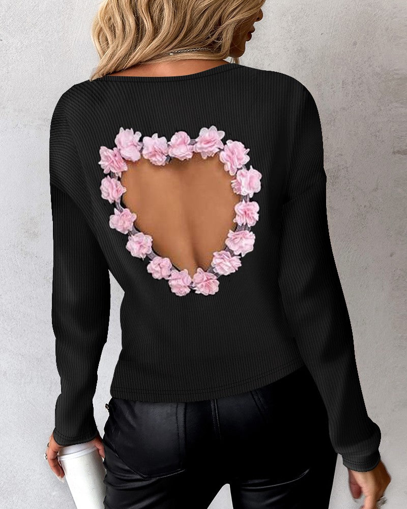 Floral Pattern Hollow Heart Ribbed Top