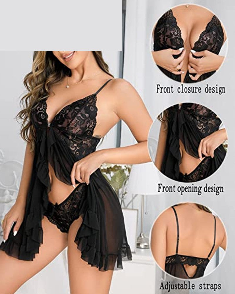 Lace Patch Sheer Mesh Ruffles Babydoll With Panty