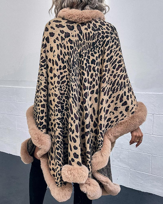 Cheetah Print Fuzzy Trim Knit Poncho Cardigan