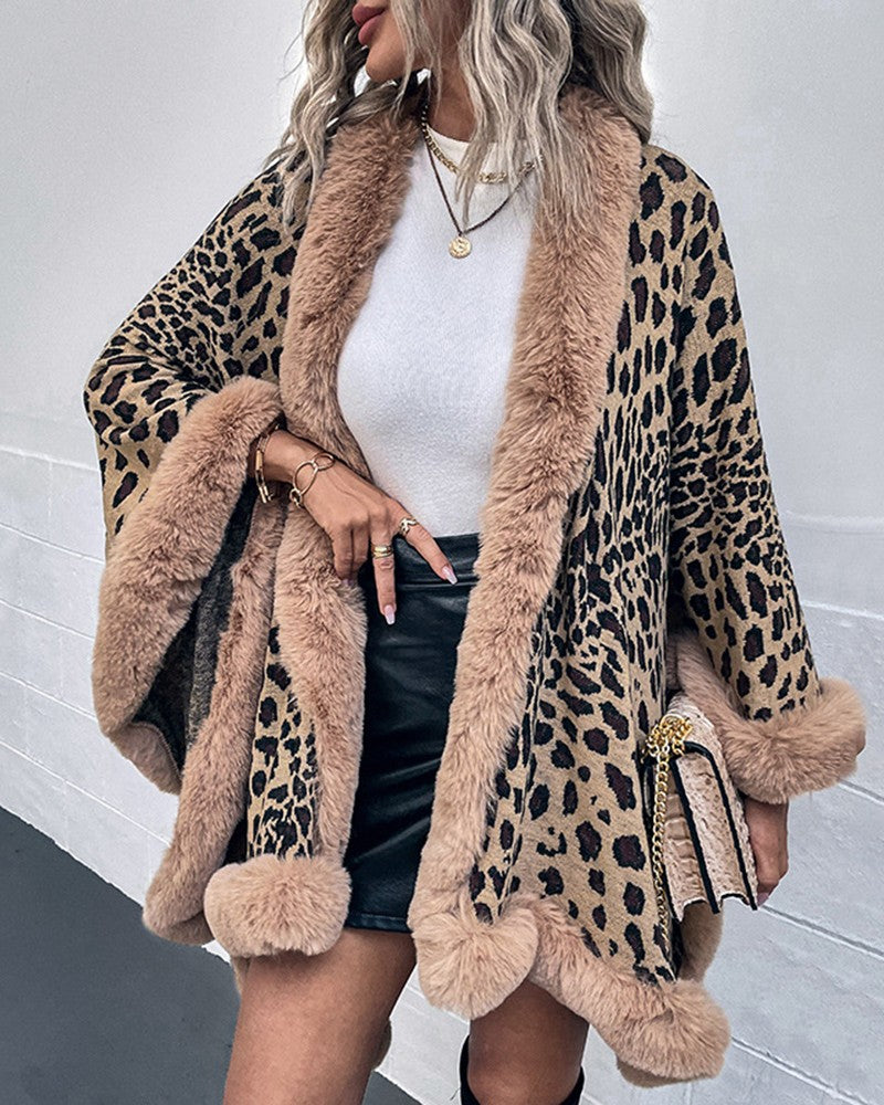 Cheetah Print Fuzzy Trim Knit Poncho Cardigan