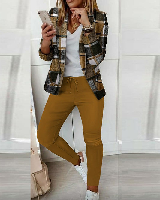 Plaid Print Shawl Collar Blazer Coat & Drawstring Pants Set