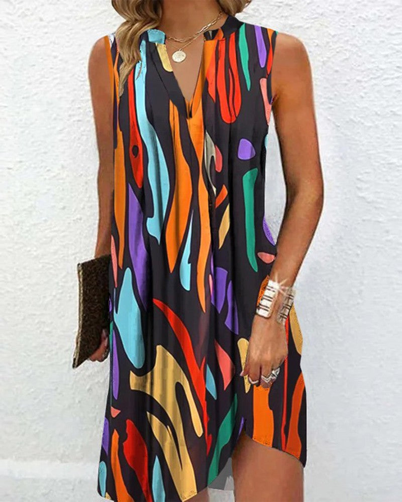 Multicolor Abstract Print Notch Neck Casual Dress