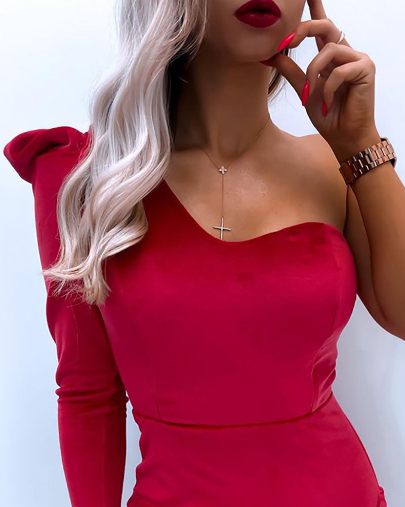 Velvet One Shoulder Ruched Bodycon Dress