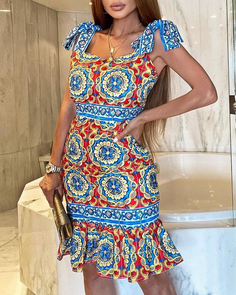 Graphic Print Tied Detail Mermaid Dress