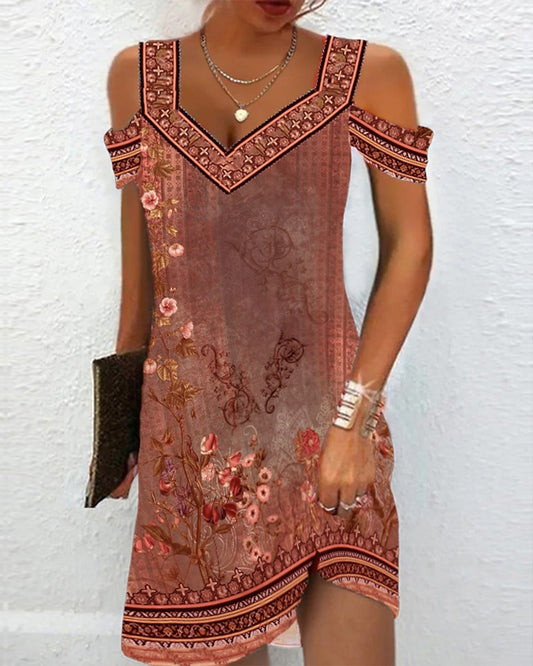 Floral Tribal Print Cold Shoulder Casual Dress