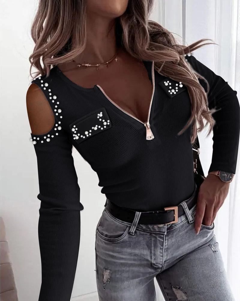 Beaded Decor Zip Front Cold Shoulder Top