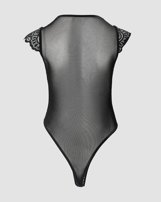 Plain V Neck Lace Skinny Bodysuit
