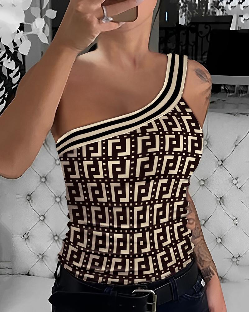 Striped Tape Patch Geometric Print Tank Top