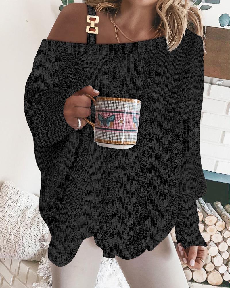 Cold Shoulder Chain Decor Cable Textured Top