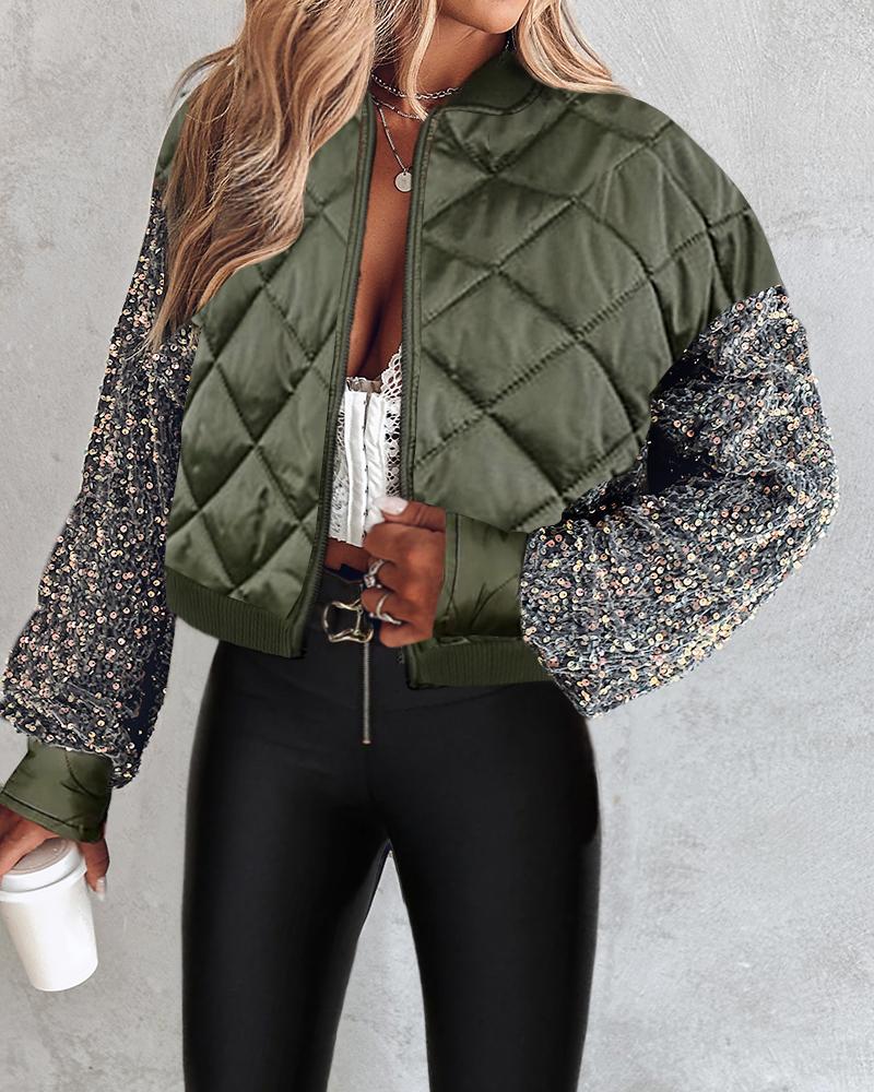 Contrast Sequin Zipper Design Puffer Jacket