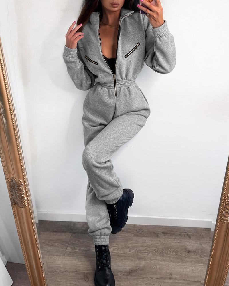Zipper Design Elastic Waist Cuffed Jumpsuit
