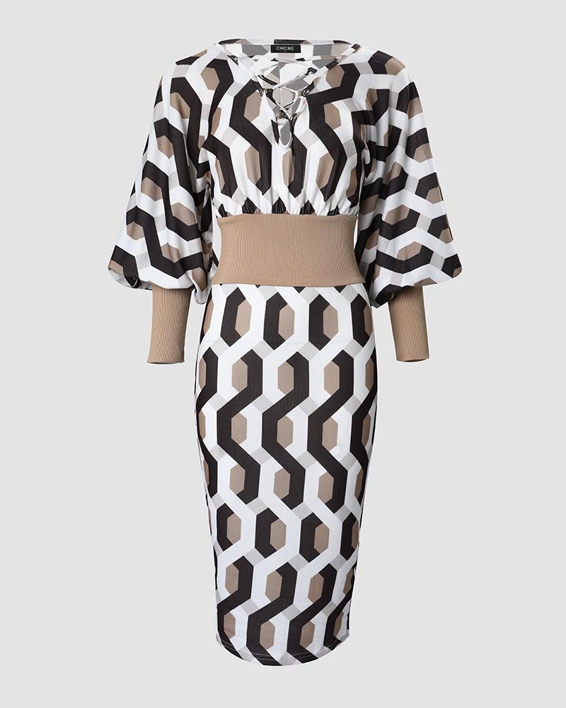 Geometric Print Lantern Sleeve Midi Dress
