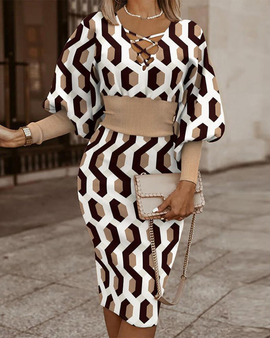 Geometric Print Lantern Sleeve Midi Dress