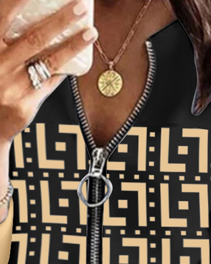 Colorblock Geometric Print Long Sleeve Top