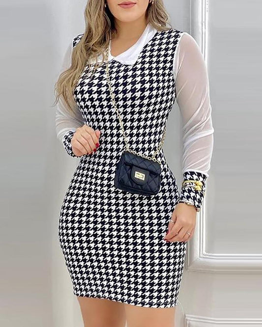 Houndstooth Print Sheer Mesh Casual Dress
