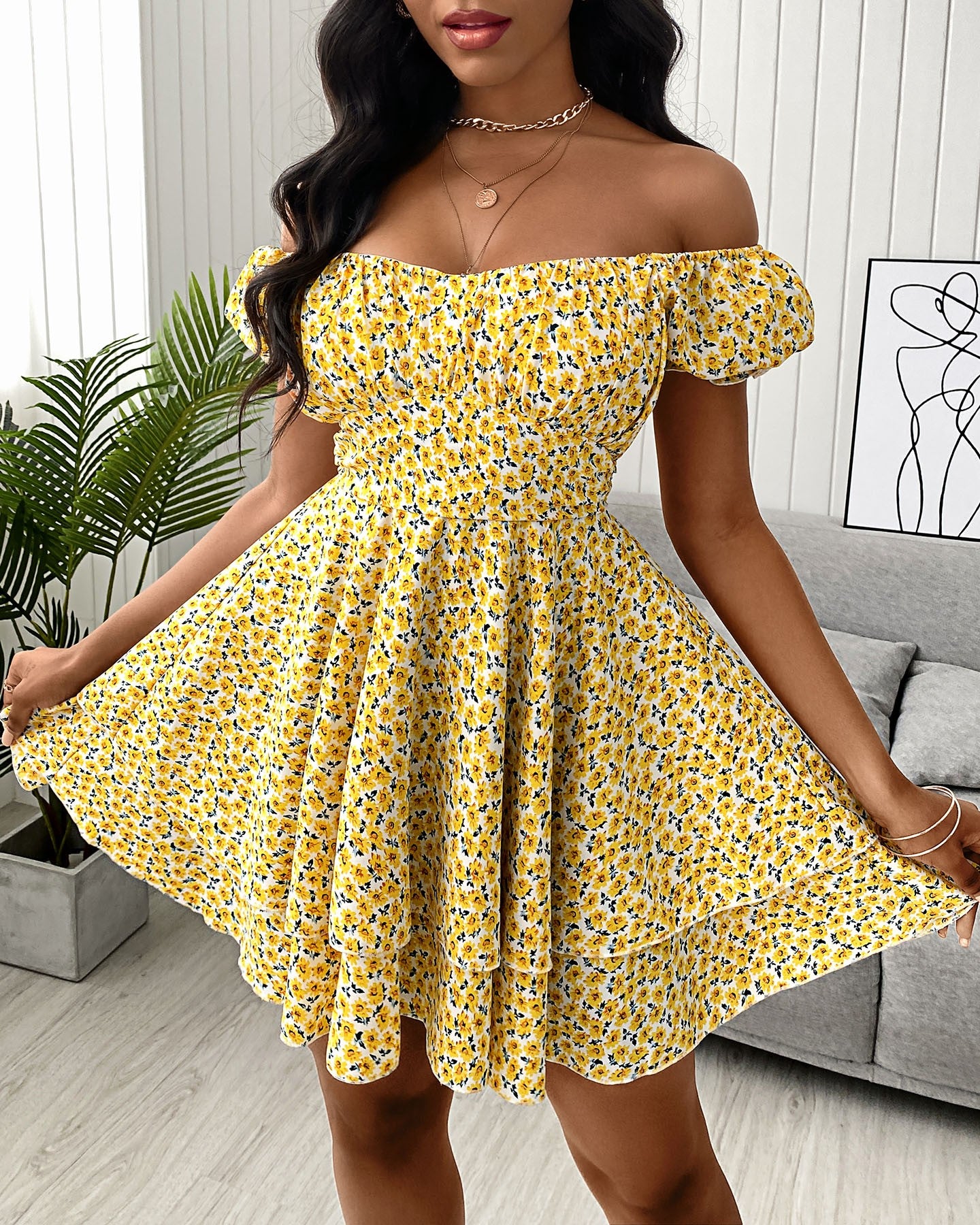 Ditsy Floral Print Off Shoulder Ruffle Hem Dress