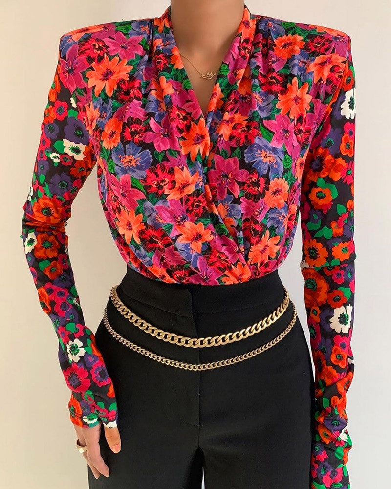 Padded Shoulder Long Sleeve Floral Print Bodysuit
