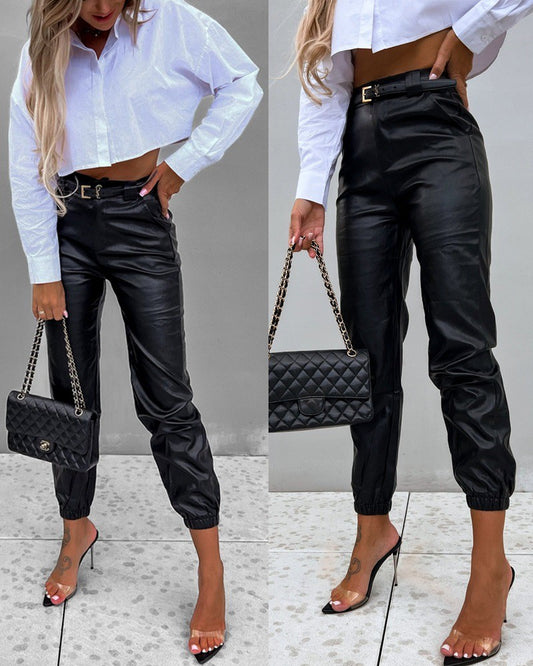 PU Leather High Waist Cuffed Pants