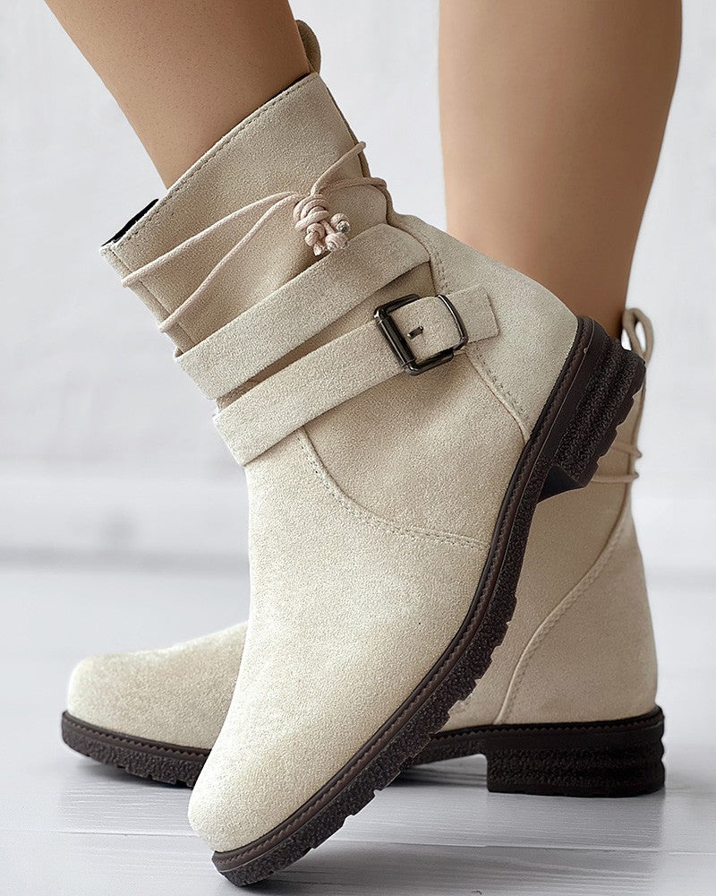 Tied Detail Side Zipper Buckled Ankle Boots
