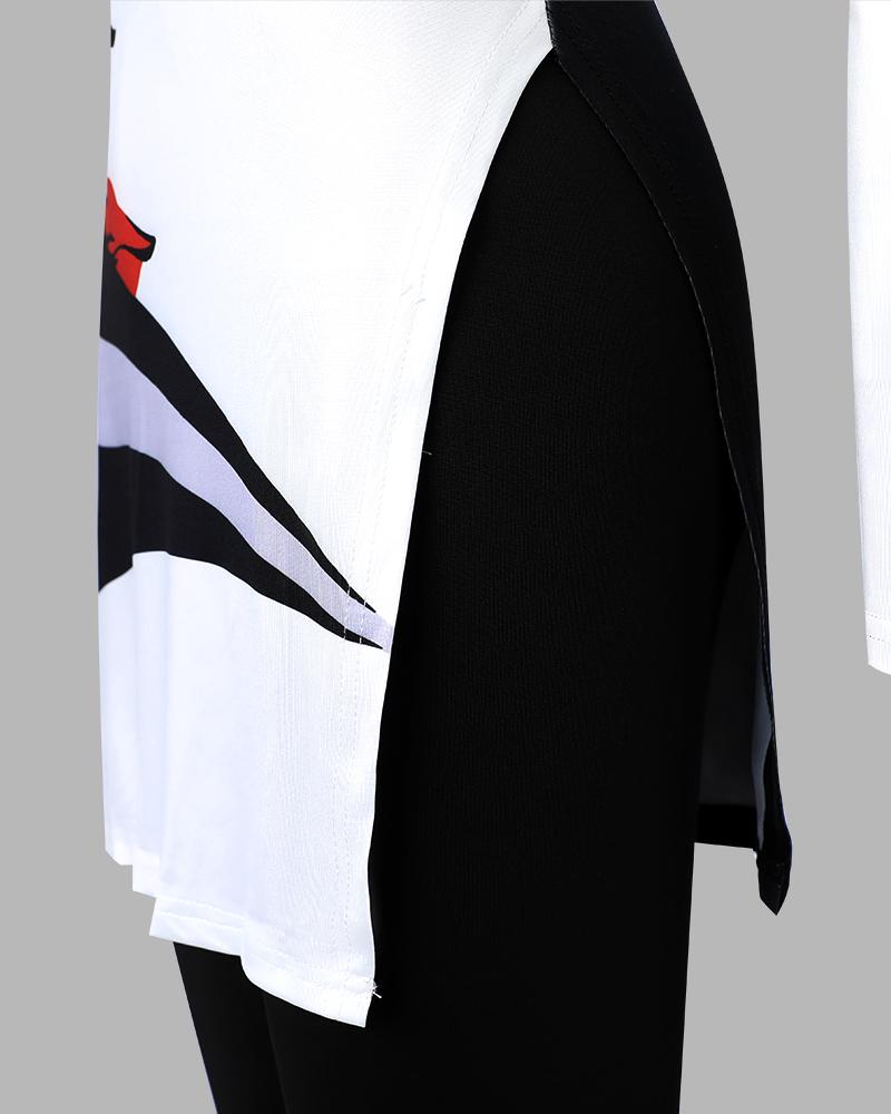 Figure Print Split Hem Long Sleeve Top & Pants Set