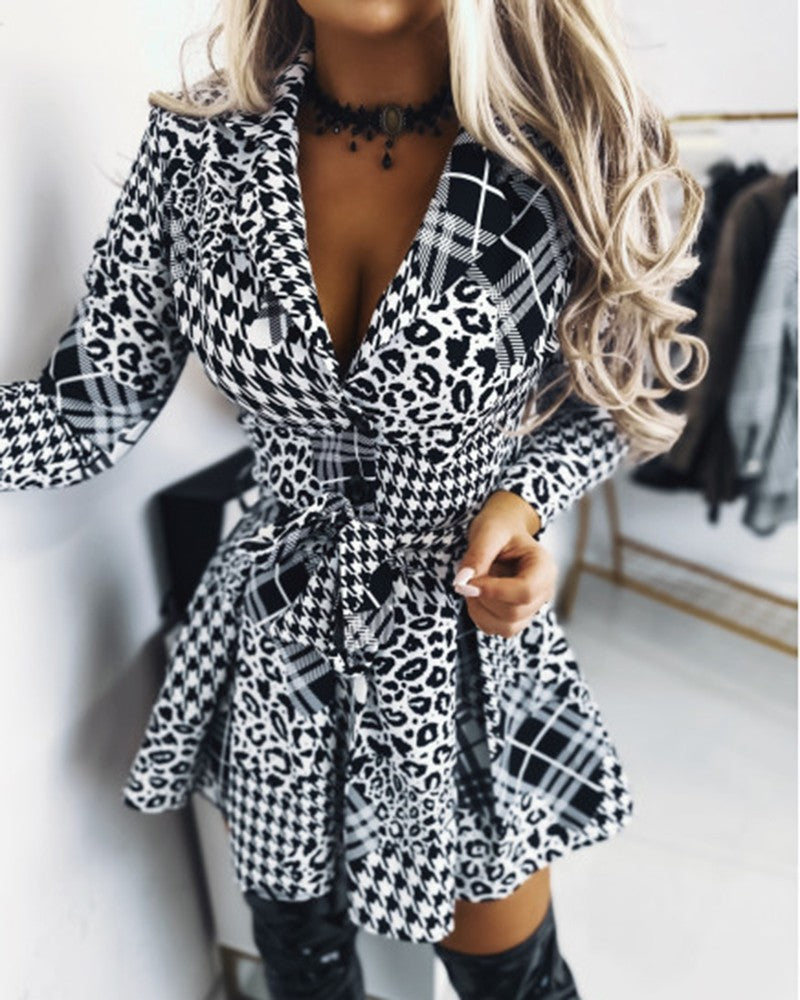 Houndstooth Leopard Print Notched Collar Work Dress