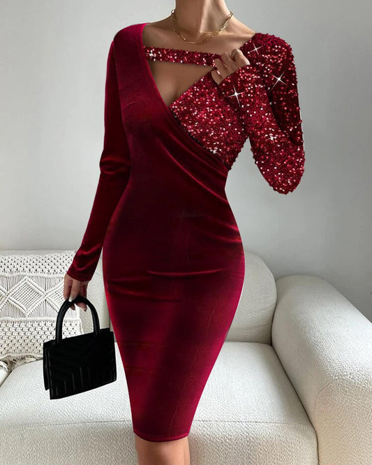 Contrast Sequin Velvet Patchwork Long Sleeve Dress