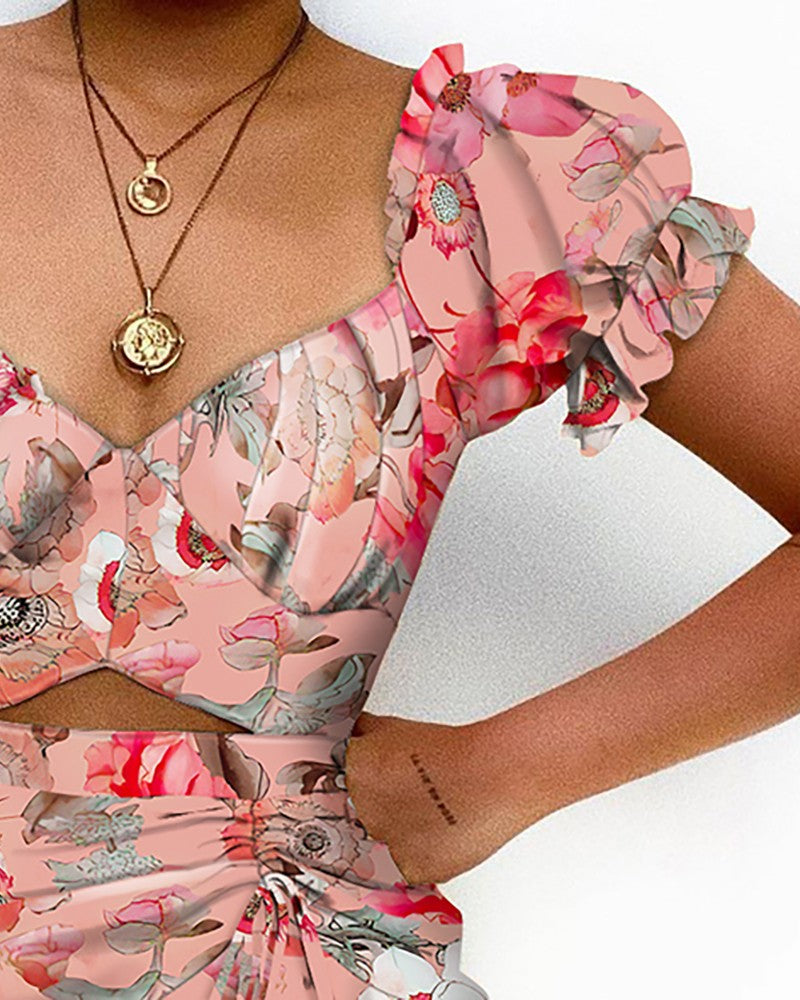 Puff Sleeve Ruched Drawstring Floral Print Dress
