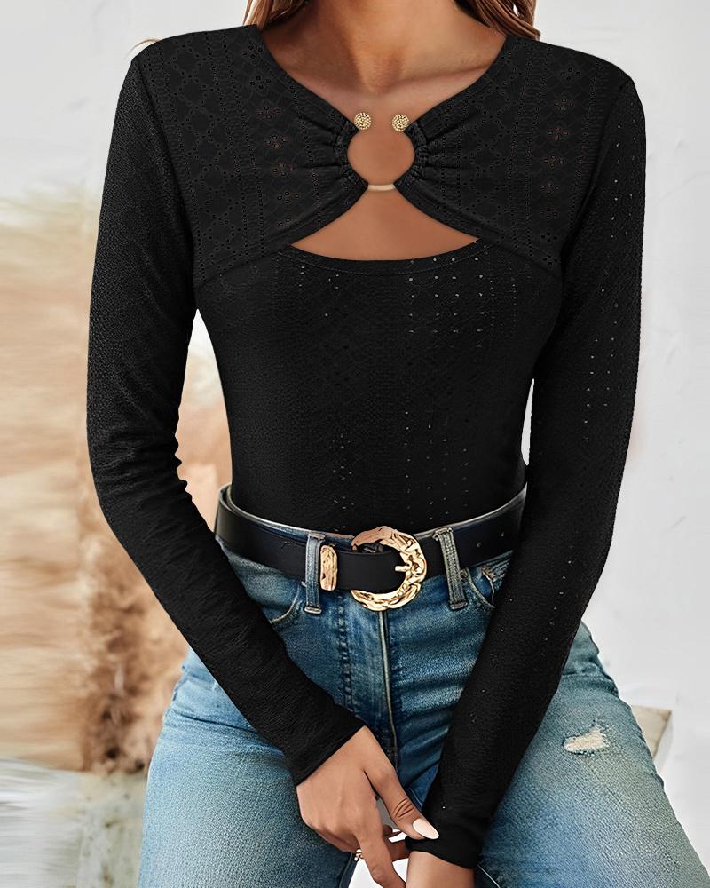 Ring Decor Eyelet Embroidery Ruched Top