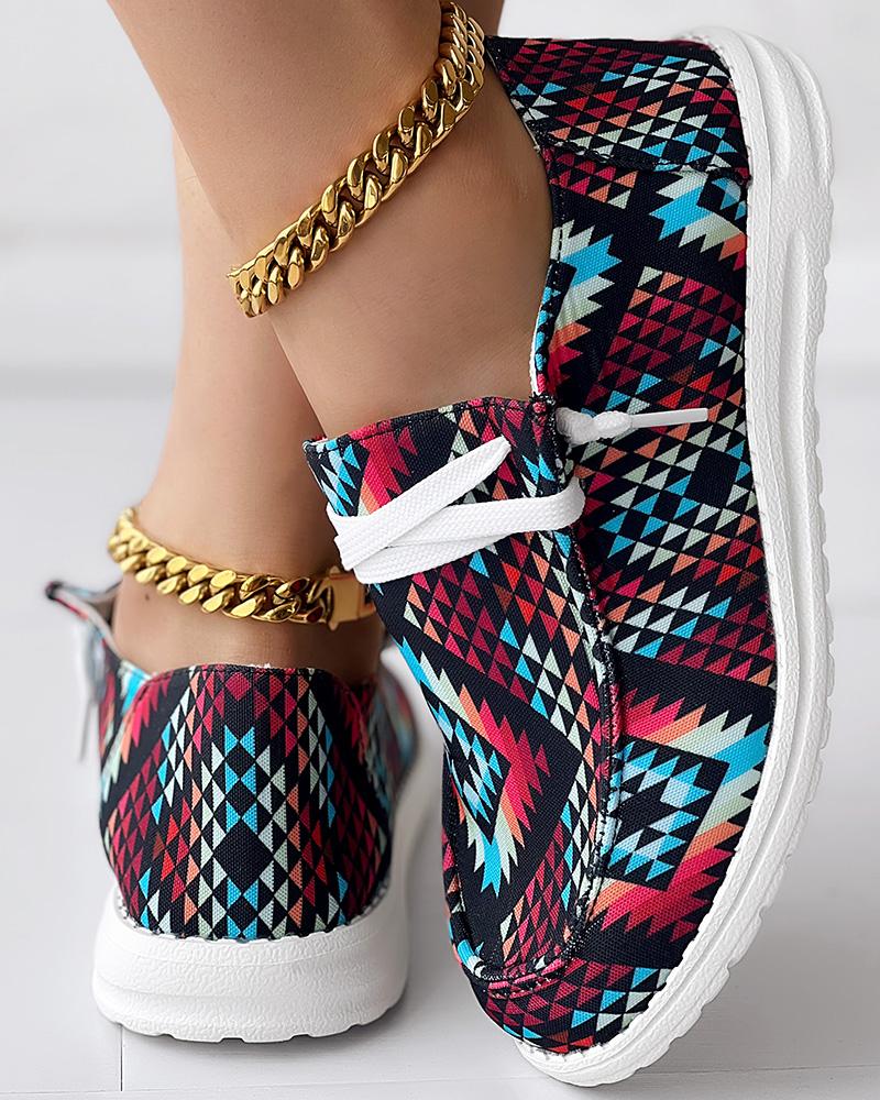Aztec Geometric Print Lace up Casual Slip On