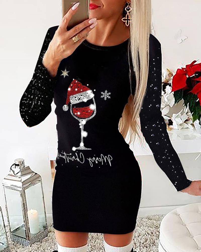 Christmas Wine Glass Print Contrast Sequin Bodycon Dress