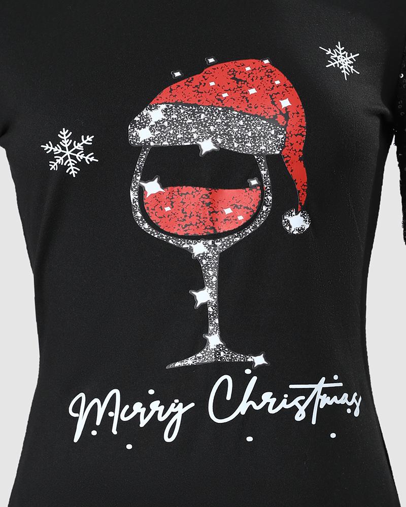 Christmas Wine Glass Print Contrast Sequin Bodycon Dress