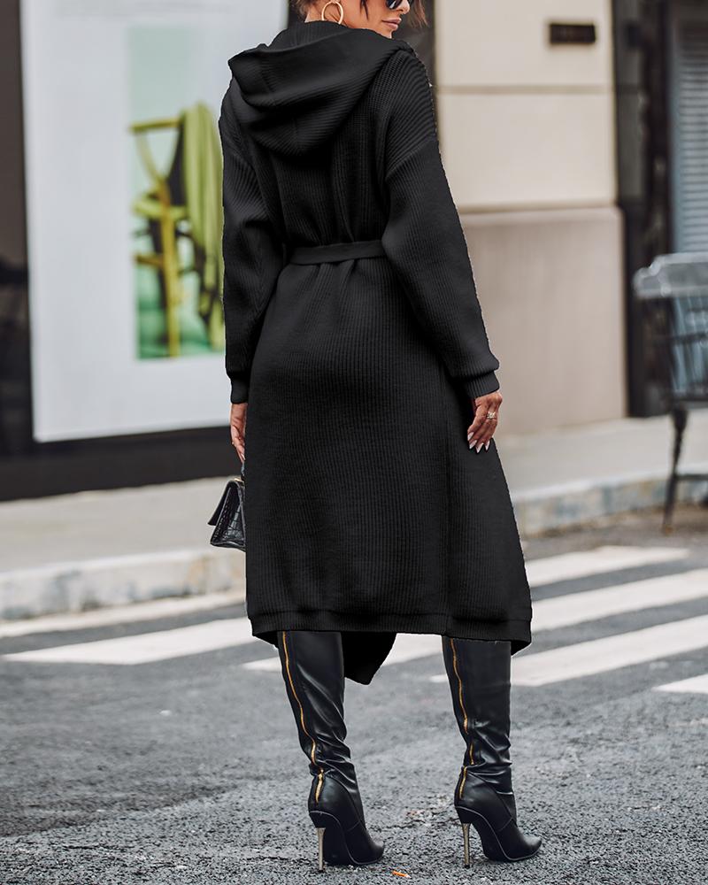 Open Front Tied Detail Knit Longline Cardigan