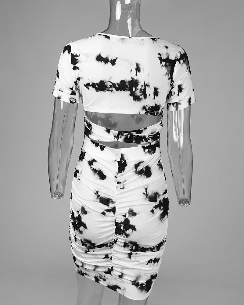 Tie Dye Print Cutout Back Ruched Bodycon Dress