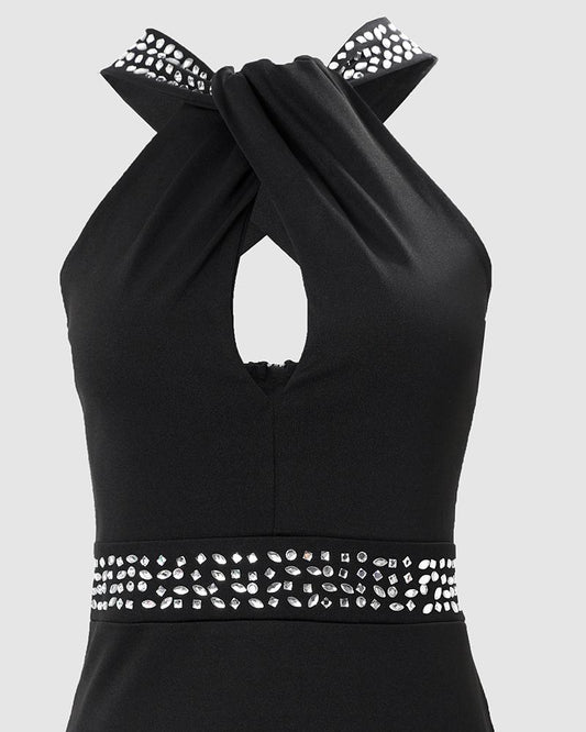 Rhinestone Decor Sleeveless Slit Party Dress