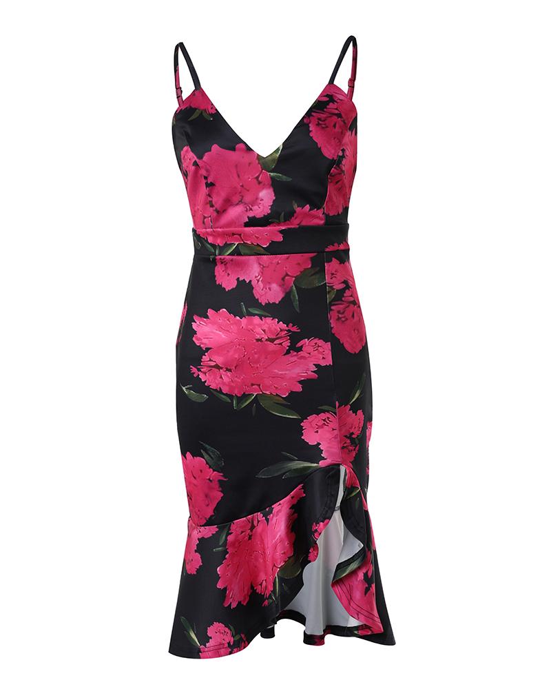 Floral Print Slit Ruffle Hem Cami Bodycon Dress