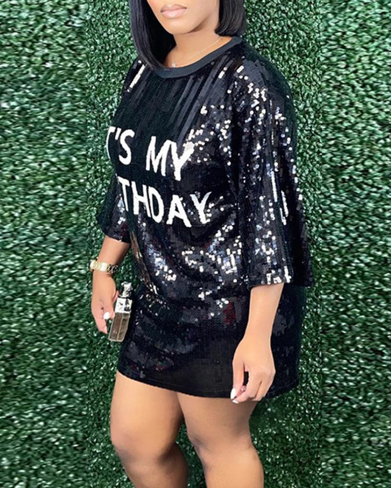 Letter Pattern Allover Sequin Casual Dress