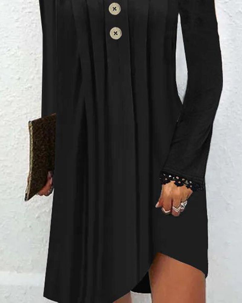 Notch Neck Buttoned Lace Trim Ruched Casual Dress