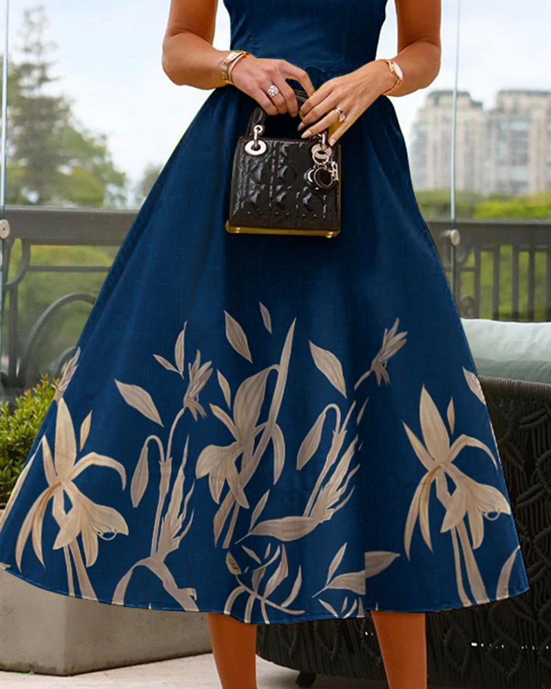 Plants Print Sleeveless Flared Dress